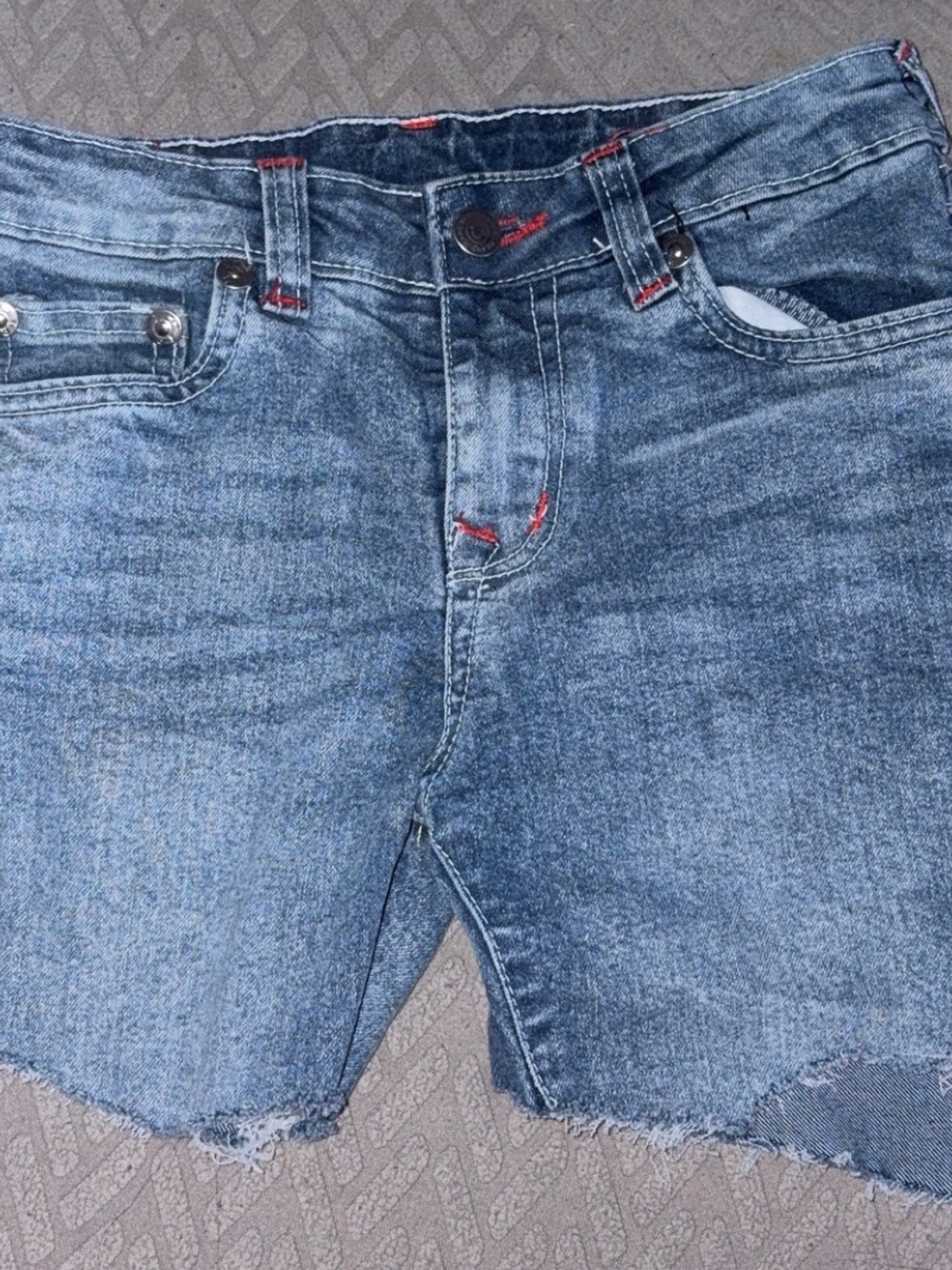 True Religion Blue Denim Cutoff Shorts with Red Stitching Accents